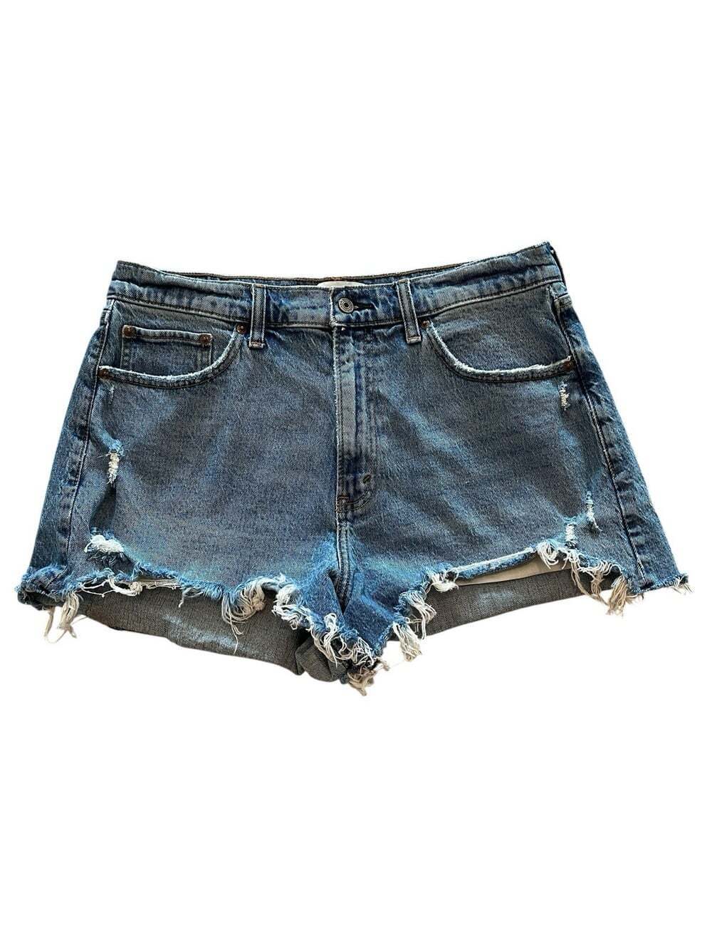 Abercrombie & Fitch High-Rise Med Blue Distressed Denim Mom Jean Shorts- 31